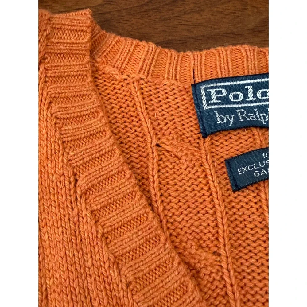 VTG Polo Ralph Lauren Orange 100% Silk Cable Knit V-Neck Sweater Mens Medium